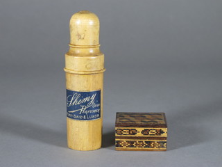 A 19th Century square Tunbridge ware box and cover 1 1/2" and  a cylindrical perfume bottle holder