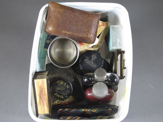 A collection of various vintage ink bottles, a Persian belt buckle  and other curios etc