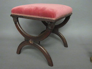 A Victorian Pugin style rectangular rosewood stool with  upholstered pink seat, raised on X framed supports 16"