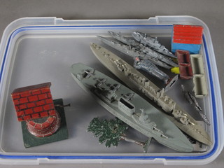11 various metal models of ships and a metal model of a dog  kennel etc