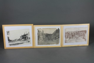 A black and white photograph of an Edwardian South African Street Scene and 2 other photographs showing WWI damage to  buildings 11" x 17"