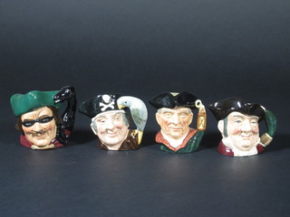 4 Royal Doulton character jugs - Williamsburg Night Watchman  D6583, Mein Host D6513, Dick Turpin D6542 and Long John  Silver D6512 2"