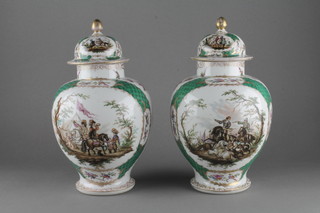 A pair of Berlin porcelain urns and cover decorated classical scenes, the base with Dresden mark? 9"   ILLUSTRATED