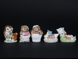 4 Royal Albert Beatrix Potter figures - Benjamin Wakes up, Mrs Tiggy Winkle, Mrs Tiggy Winkle Takes Tea and Jemima  Puddleduck made a feather nest and a Beswick Beatrix Potter  figure - Old Man Brown
