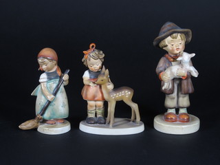 3 Hummel figures - girl sweeping 4 1/2", girl standing with doe  4" and boy standing with lamb 6" - f and r,