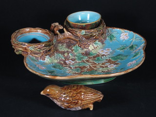 A 19th Century Minton Majolica twin section strawberry dish decorated a bird, the base marked JC, f, 10"