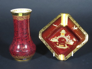 A red glazed Carltonware Rouge Royal club shaped vase 6",  together with a do. ashtray 5" - cracked,