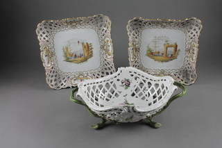 A "Meissen" twin handled boat shaped ribbon ware bowl, f and  r, 12" and 2 square "Meissen" dishes with ribbon ware rims 9"   ILLUSTRATED