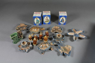 3 Wade nursery rhyme figures - Tom Piper, King Cole and Willy Winky and a collection of Wade ashtrays in the form of fish,  tortoises and a pair of candlesticks