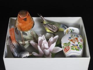 A Goebel figure of a robin 4 1/2", 2 other Goebel figures of  birds - 1 beak f, a Royal Crown Derby figure of a waterlily 4"  and an Aynsley vase 3"