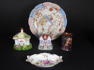 A Dinton China pastel burner in the form of a cottage 4" and 1  other 3", a Royal Crown Derby boat shaped dish 6", a cylindrical  pottery vase 3" and an Imari plate