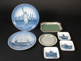 A Royal Copenhagen plate decorated The Statue of Liberty, 1  other marked Skoleskibet, 2 crackle ware dishes and 3 Royal Copenhagen ashtrays