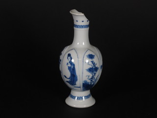 A Kanchi blue and white club shaped vase decorated court figures 6", rim f,