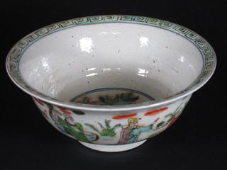 An Oriental famille vert style bowl decorated figures, base with 2 character mark 8"