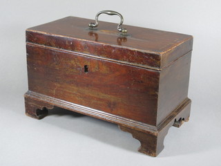 A Georgian inlaid mahogany rectangular box with hinged lid and brass swan neck drop handle, raised on bracket feet 15"w x 10"h  x 8"