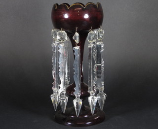 A Victorian ruby glass lustre 12"