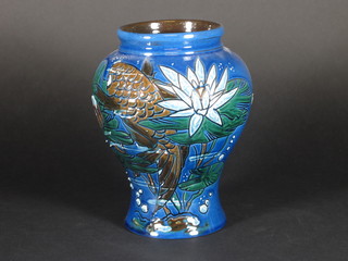 A Brannam vase of waisted form decorated a carp 8"