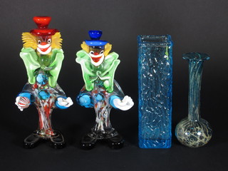 2 Murano glass figures of clowns 10" and 9", a Murano club  shaped vase 7" and a square blue glass vase 9"