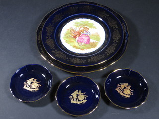 A Limoges Castle plate decorated figures with gilt banding 10"  and 1 other 8 1/2" and 3 small dishes 4"