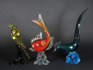 2 Art Glass figures of birds 14" and 10" together with a ditto fish