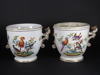 A pair of 19th Century Dresden porcelain twin handled  jardinieres decorated birds amidst branches 8", 1 f and r