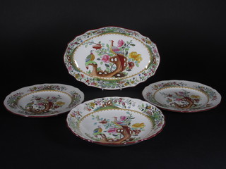 A 16 piece Spode Waring & Gillow dessert service decorated  birds comprising 2 circular bowls, 2 boat shaped dishes 11" - 1  cracked and 12 plates 9" - 1 cracked