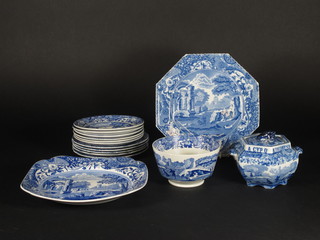 An octagonal Copeland Italian pattern jar and cover 5 1/2", 2 Copeland plates 8" and other blue and white ware