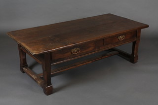 A rectangular elm table fitted 2 drawers, raised on square  supports with H framed stretcher 58"w x 19"h x 27"d