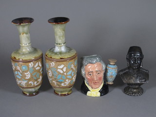 A pair of Doulton Slater club shaped vases 8" - 1 f and r, a  Doulton character jug - Sir Henry Doulton and a portrait bust of  General Gordon 4 1/2"