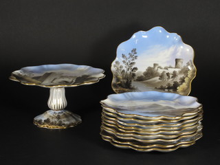 A 13 piece Victorian dessert service decorated various lochs comprising 3 comports - 2 cracked, 10 plates 9 1/2" - 2 cracked