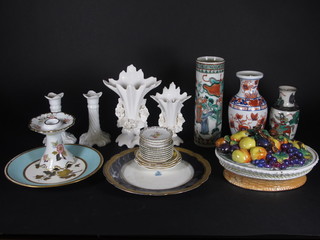 An Imari pattern club shaped vase 7 1/2", a famille vert style  vase 9" and a collection of decorative ceramics