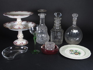 3 19th Century decanters and stoppers, various glass salad plates,  2 brushes, a pair of comports etc