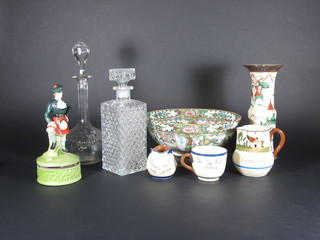 A late Canton famille rose bowl decorated court figures 10", an Oriental crackle glazed vase 10" and a collection of various  Cornish Mottoware, 2 decanters and a Bakelite hair dryer
