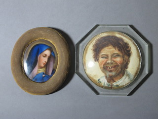 A circular portrait miniature of a young boy monogrammed S, 3"  and a porcelain panel decorated The Virgin Mary 2" oval,
