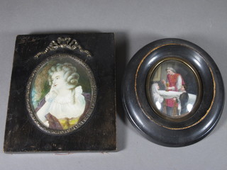 A portrait miniature "Noble Woman" contained in an ebonised  frame 3 1/2" and 1 other "First Confirmation" 3" oval