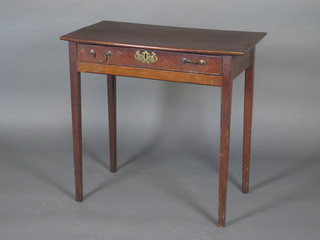 A 19th Century mahogany bow front side table fitted a drawer,  raised on square tapering supports 30"w x 28 1/2"h x 17 1/2"d
