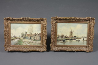 A Rutgers, Dutch School, pair of oil paintings on canvas "Rivers  with Windmills" 6 1/2" x 9" ILLUSTRATED