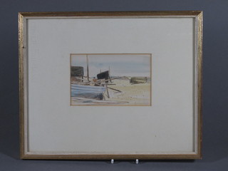 Charles Keane, watercolour drawing "Seascape with Beached Fishing Boats" 3 1/2" x 5 1/2"