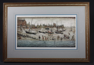 L S Lowry, a pencil signed coloured print with blind proof stamp to the margin "Seascape with Bathers" 10" x 20"