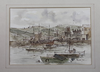 Edward Lyon, watercolour drawing "Harbour Scene" the reverse  with Anvil Gallery Label 9" x 13"
