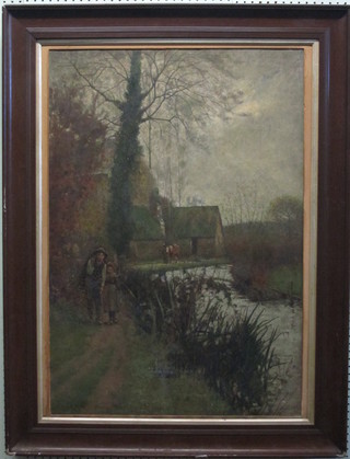Hughbert G Bell?, oil on canvas "Tow Path with Buildings and  Figures Walking" 35" x 24",
