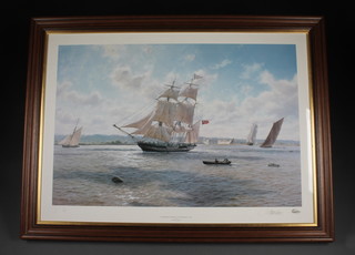 After J Steven Dews, a signed limited edition coloured print "The Whaler Pheonix off Greenwich 1820" 19" x 29 1/2"