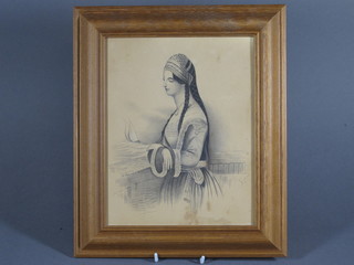 A 19th Century pencil drawing "Standing Asian Girl" 9 1/2" x 7  1/2"