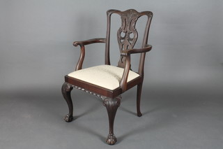 A Chippendale style mahogany carver chair with carved vase  shaped slat back with upholstered drop in seat, raised on cabriole  claw and ball supports