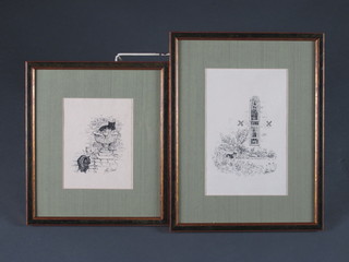 Chris Bird, pen and ink drawings a pair "Collie by a Plough" 9"  x 6" and "Two Seated Cats" 6 1/2" x 5",
