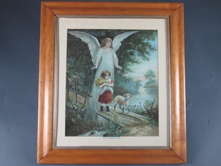 A Victorian coloured print "The Guardian Angel" contained in a maple frame 19" x 15 1/2"