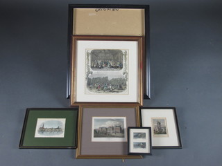 A 19th Century coloured print "Worcester" 4" x 5 1/2", 1 other  "Totnes Church, Devon" 4" x 3", a coloured print "English  Harvest Home and Hop Picking" 9" x 9", a 19th Century  engraving "Cavendish Square" 5" x 6", a Victorian coloured  print "Eastcliff and Fishing Boats of Hastings" 1 1/2" x 2"  and an ebonised wooden frame 18" x 15"