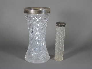 A waisted cut glass flower vase with silver rim, Birmingham  1932, chip to base 8" together with a circular cut glass pin jar  with silver lid