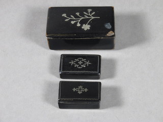 A Victorian rectangular lacquered snuff box 2 1/2" and 2 others  1 1/2"
