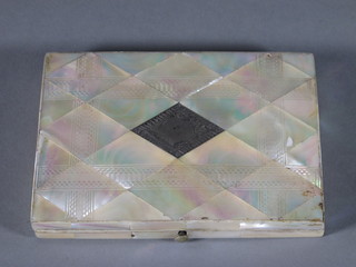 A mother of pearl card case inlaid a diamond shaped silver panel  4" and a marble paperweight decorated the Taj Mahal 4"
